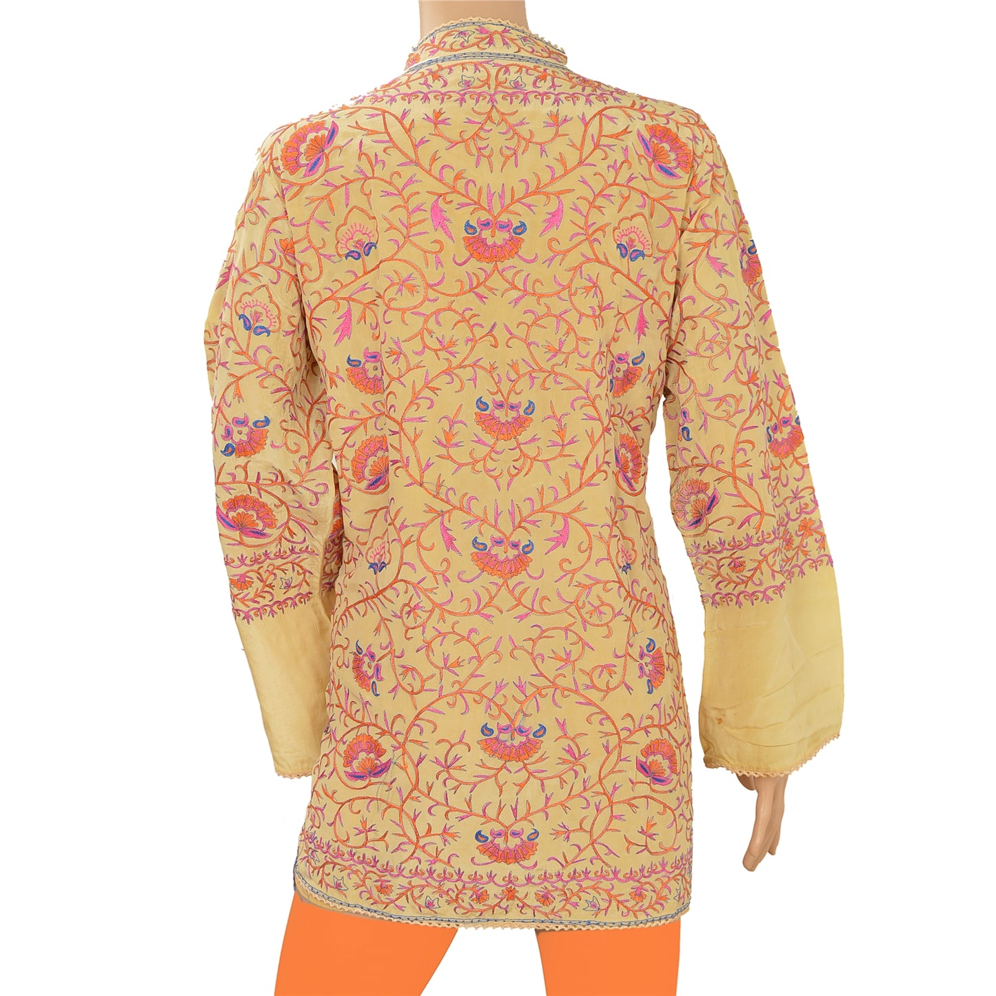 Sanskriti Vintage Sustainable Fabric Crepe Silk Embroidered Short Top Kurti Fashion Cream