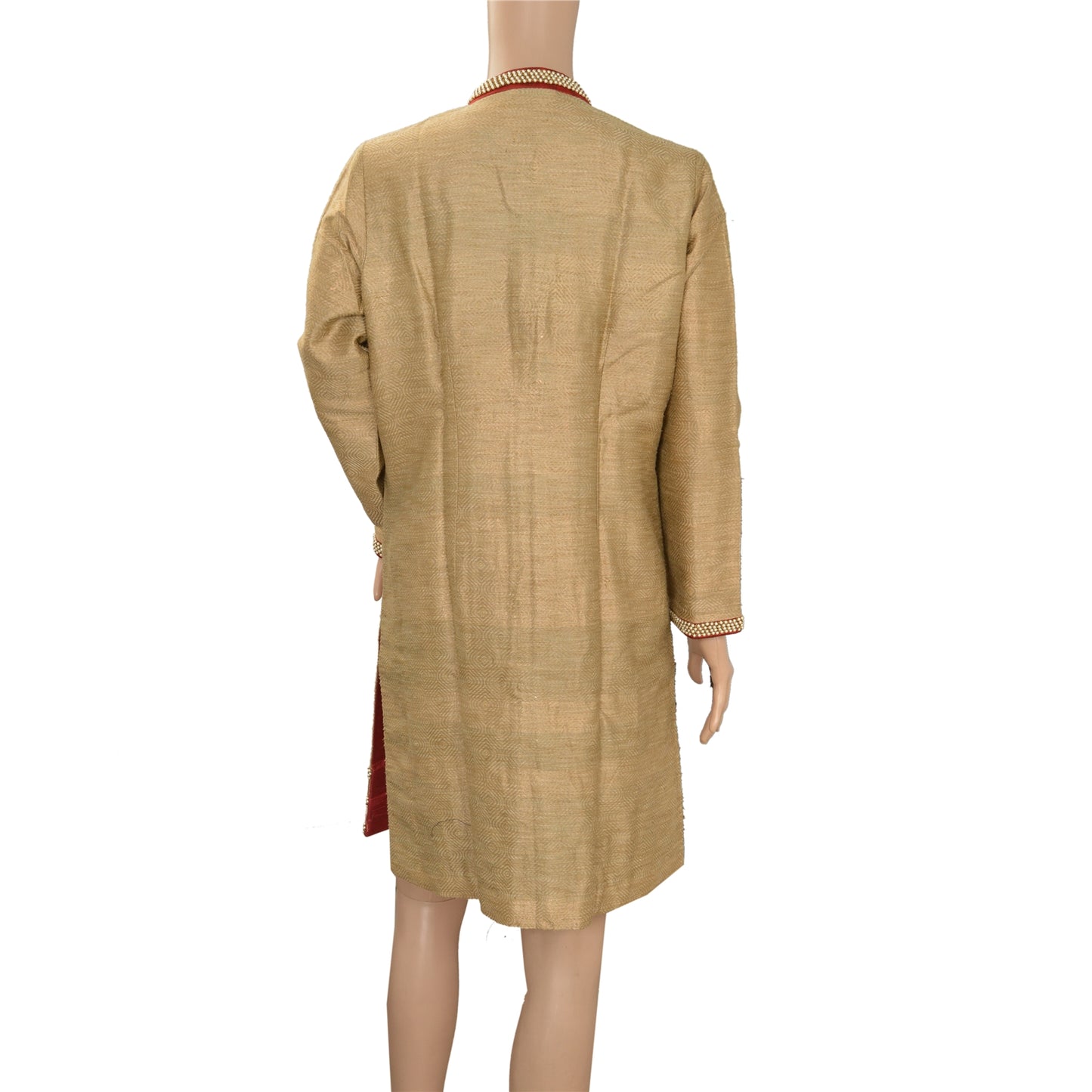 Sanskriti Vintage Sustainable Fabric Pure Silk Hand Beaded Woven Jacket Long Top Cream