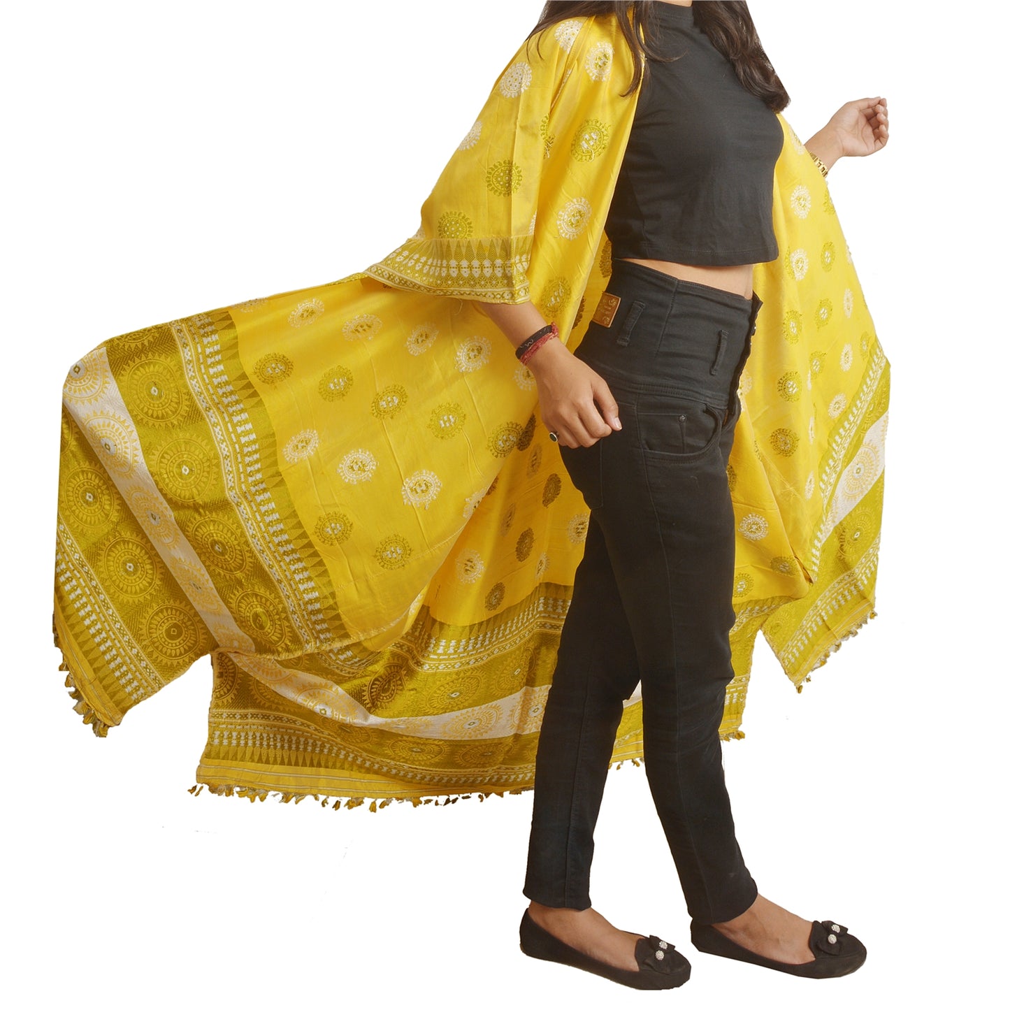 Sanskriti Vintage Recycled Yellow Woven Free Size Kimono Shrug from Dupatta