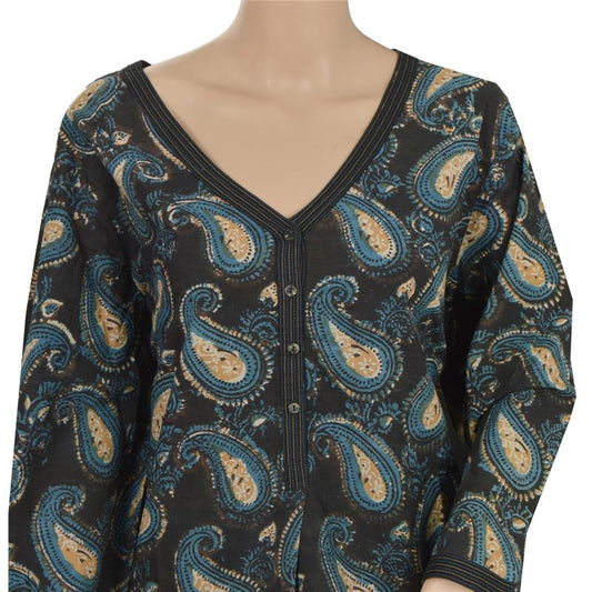 Sanskriti Vintage Block Printed Cotton Black Sustainable Fabric Top Long Kurta Designed By Anokhi