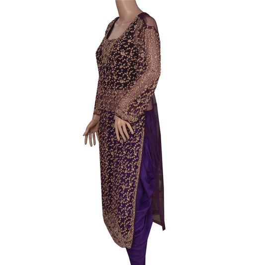Sanskriti Vintage Pre Owned Net Sustainable Fabric Hand Beaded Purple Long Top Kurta Fashion Zari