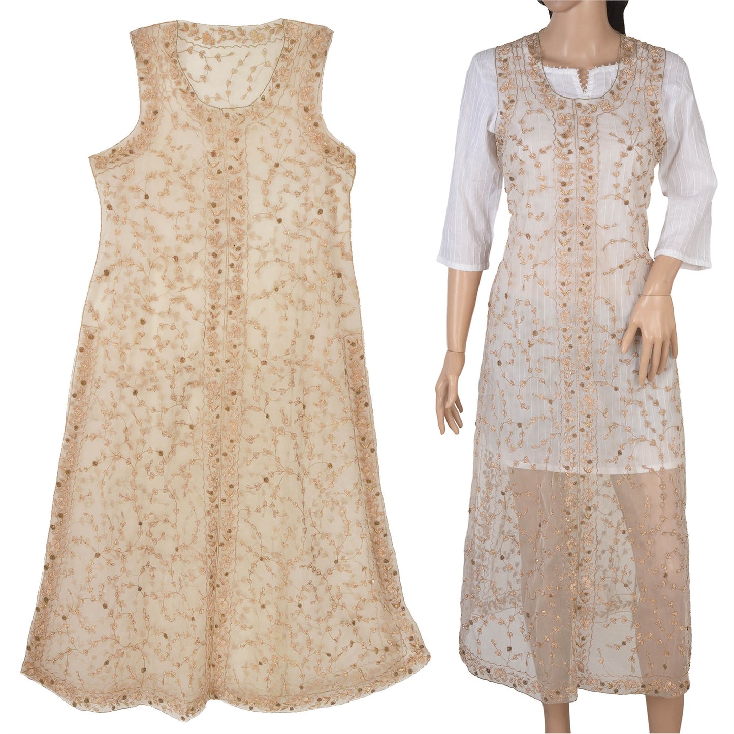 Sanskriti Vintage Bæredygtigt Stof Net Håndlavet Moderigtig Lang Kjole/Kurta/Top