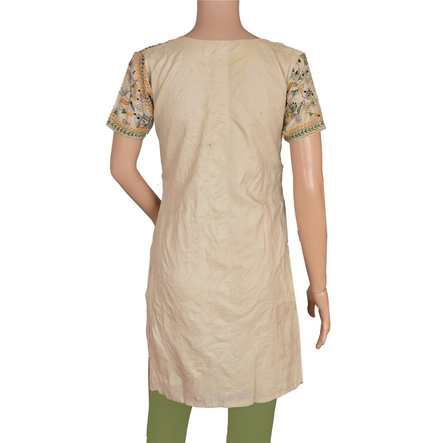 Sanskriti Vintage Pure Silk Hand Embroidered Kantha Jacket Short Top Kurta Cream