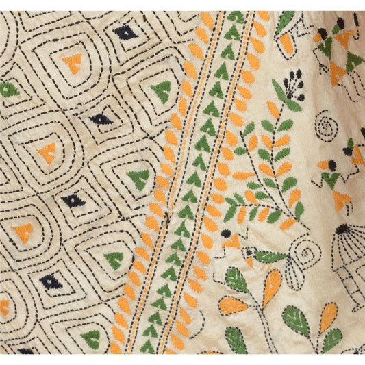Sanskriti Vintage Pure Silk Hand Embroidered Kantha Jacket Short Top Kurta Cream