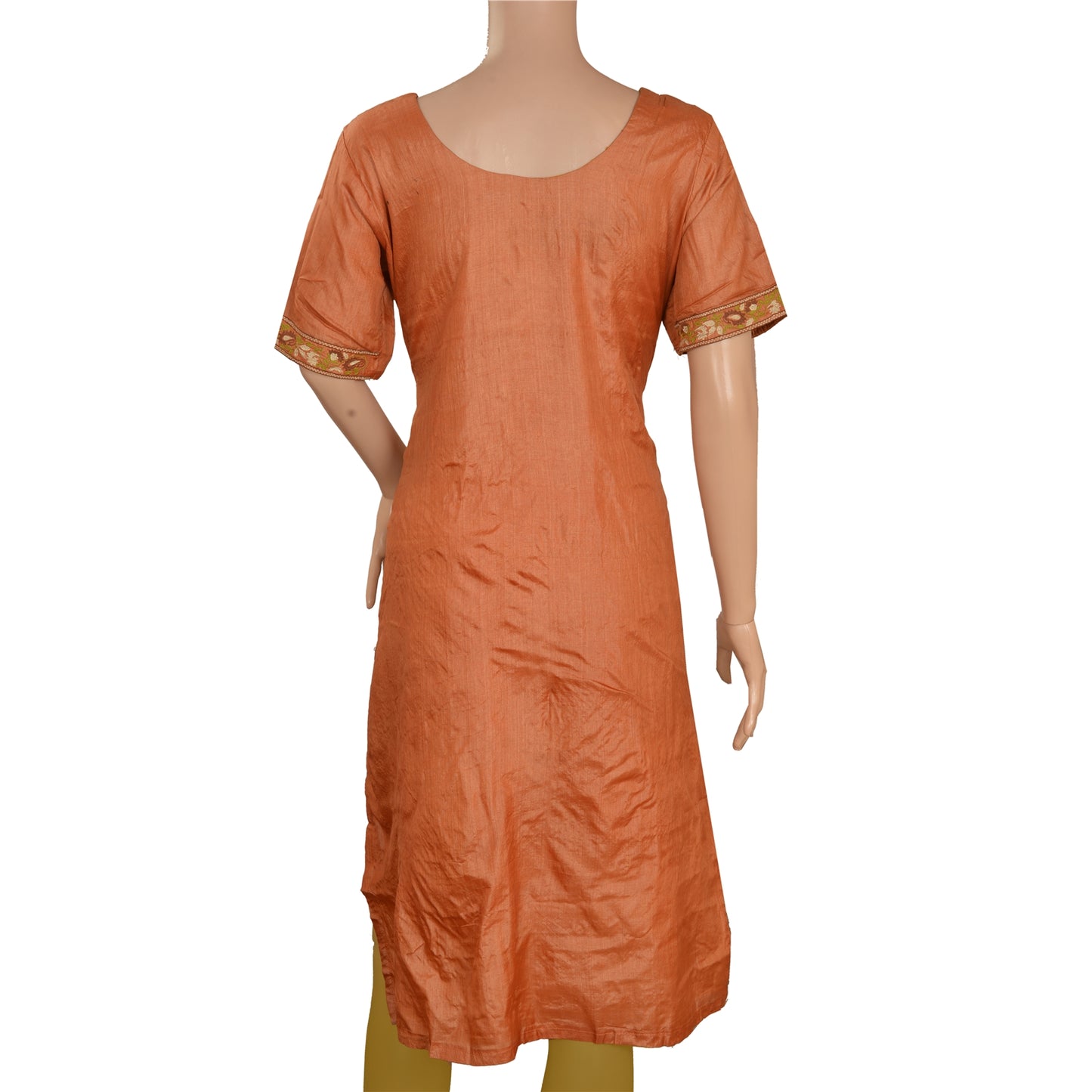 Санскрити Винтаж Ткань Чистый Шелк Ручная Вышивка Длинный Топ Курта Коричневый