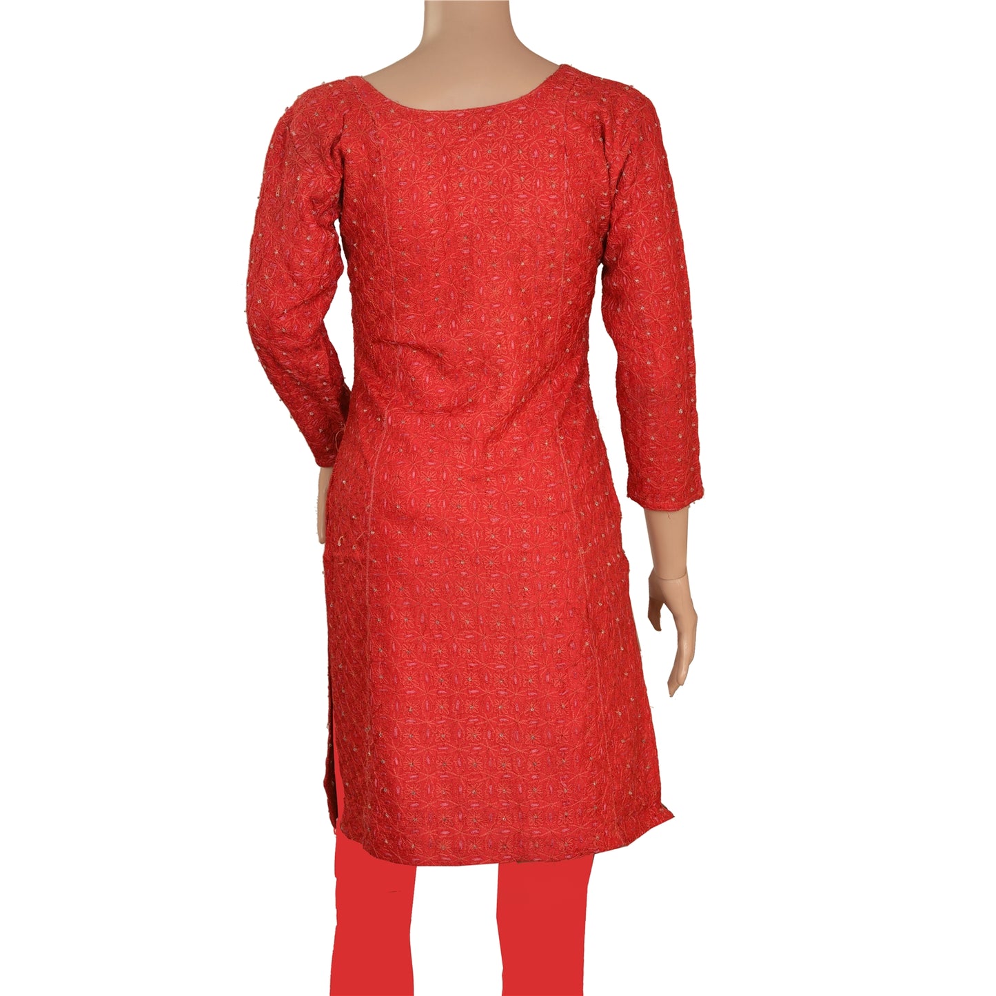 Sanskriti Vintage Sustainable Fabric Pure Silk Hand Embroidered Long Top Kurta Red