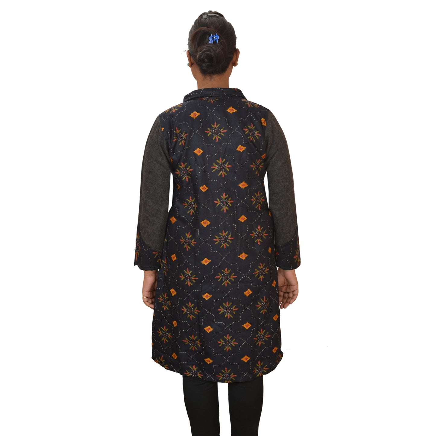 Sanskriti Vintage Sustainable Fabric Woolen Hand Embroidered Short Top Jacket Black Floral