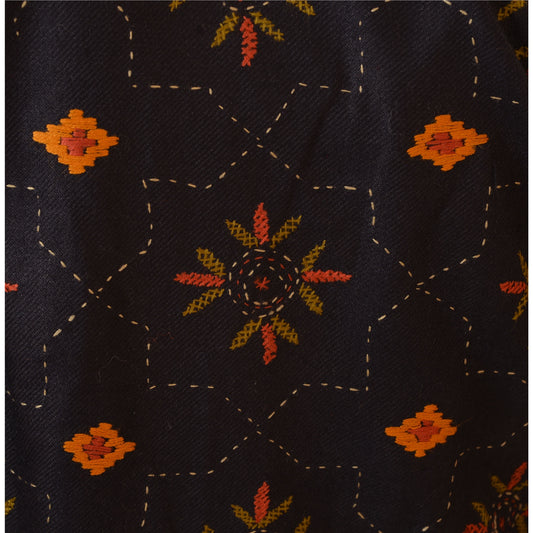 Sanskriti Vintage Sustainable Fabric Woolen Hand Embroidered Short Top Jacket Black Floral