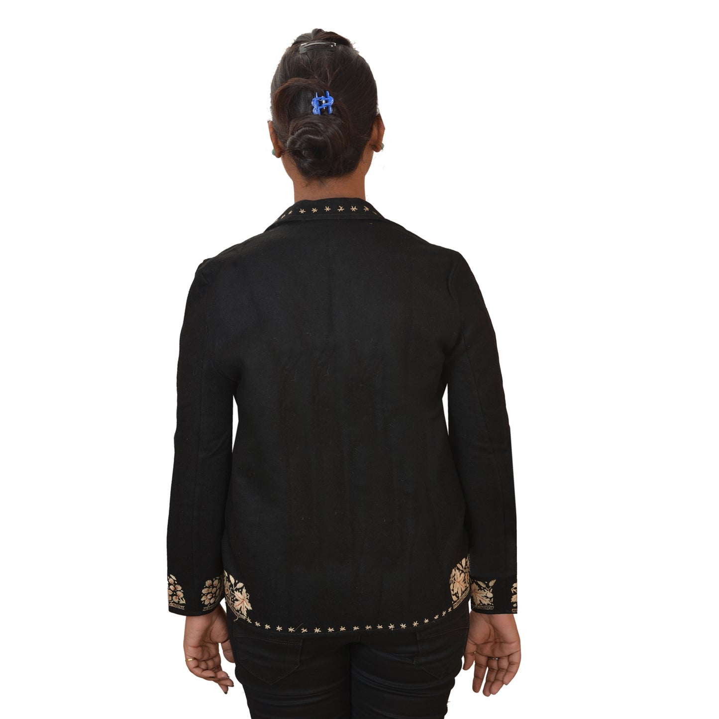 Sanskriti Vintage Sustainable Fabric Woolen Hand Embroidered Short Top Jacket Black