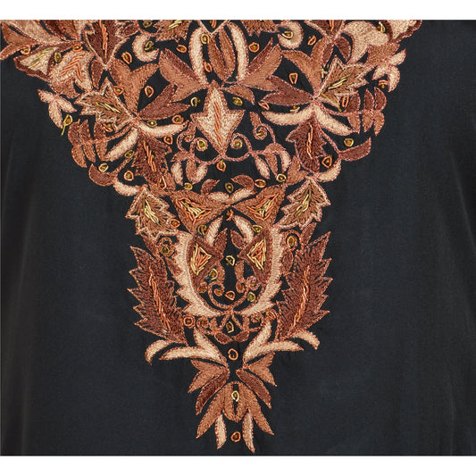 Sanskriti Vintage Sustainable Fabric Crepe Silk Hand Beaded Short Top Blouse Black Zardozi