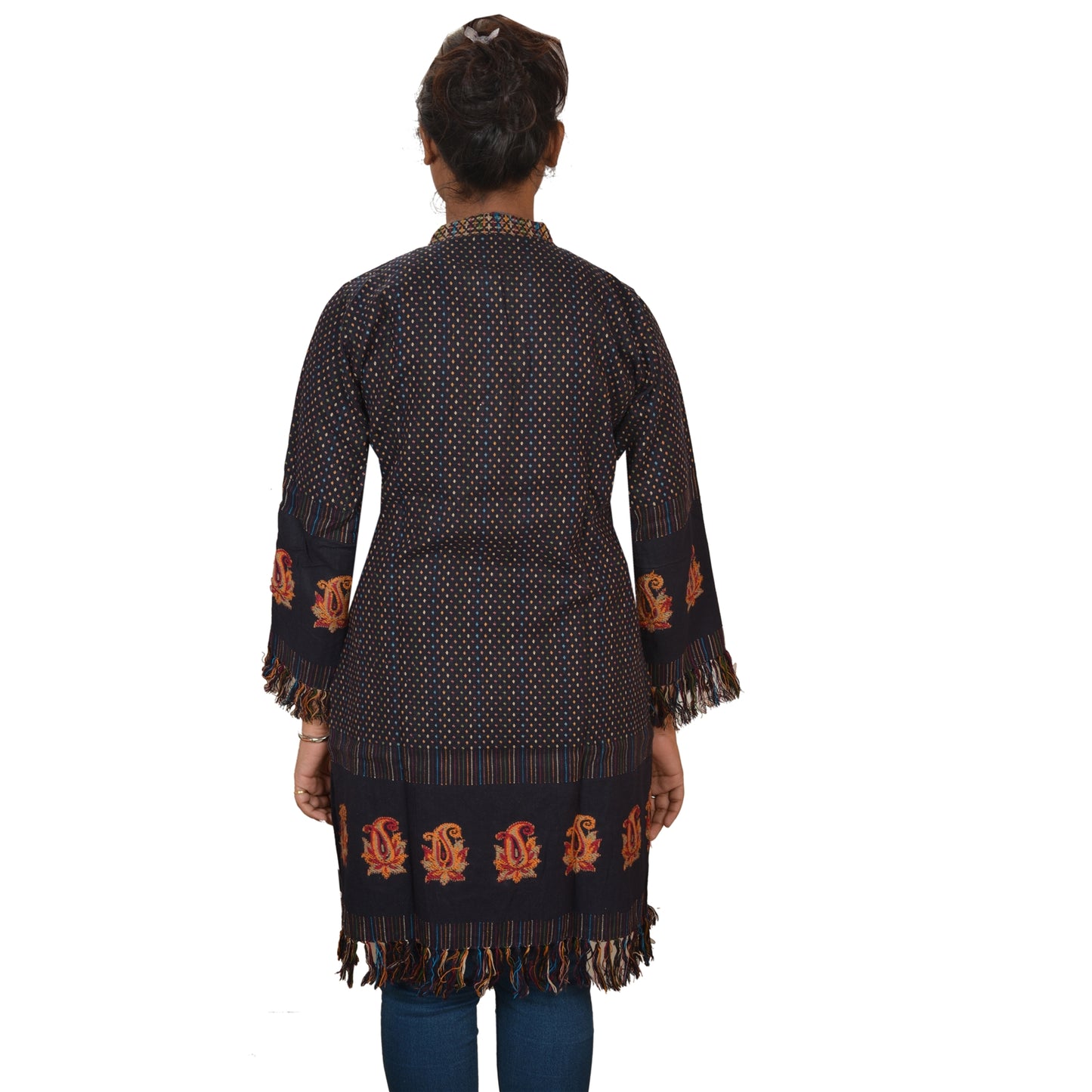 Sanskriti Vintage Sustainable Fabric Woolen Hand Embroidered Kashmiri Short Top Jacket Black