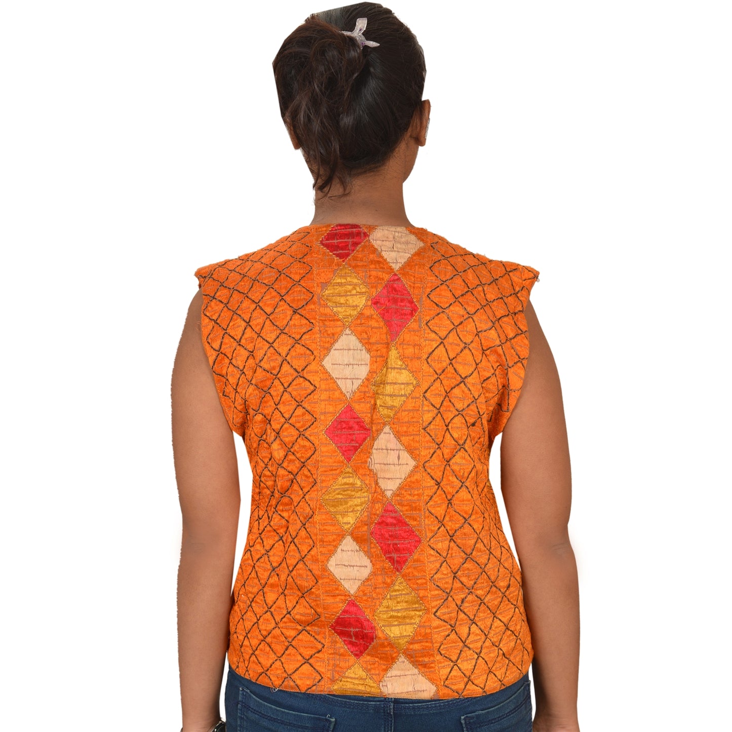 Sanskriti Vintage Sustainable Fabric Cotton Hand Embroidered Bagh Phulkari Top Fashion Indian Orange