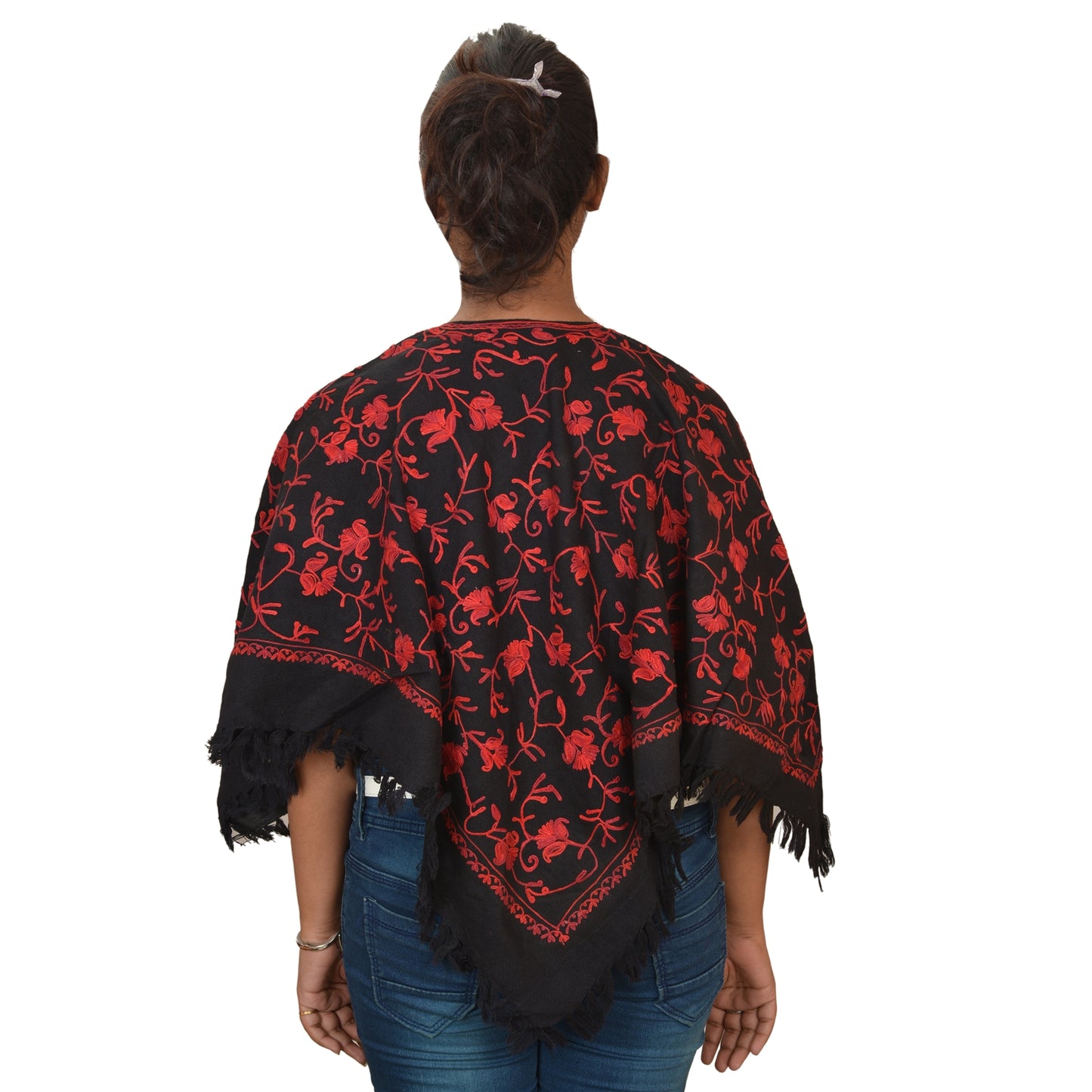 Sanskriti Vintage Woolen Hand Embroidered Arizama Poncho Top Black Paisley