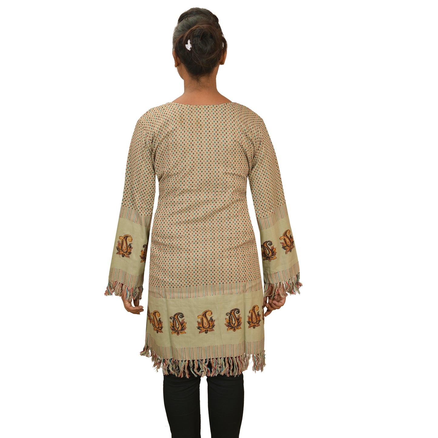 Sanskriti Vintage Sustainable Fabric Woolen Hand Embroidered Kashmiri Long Top Jacket Cream