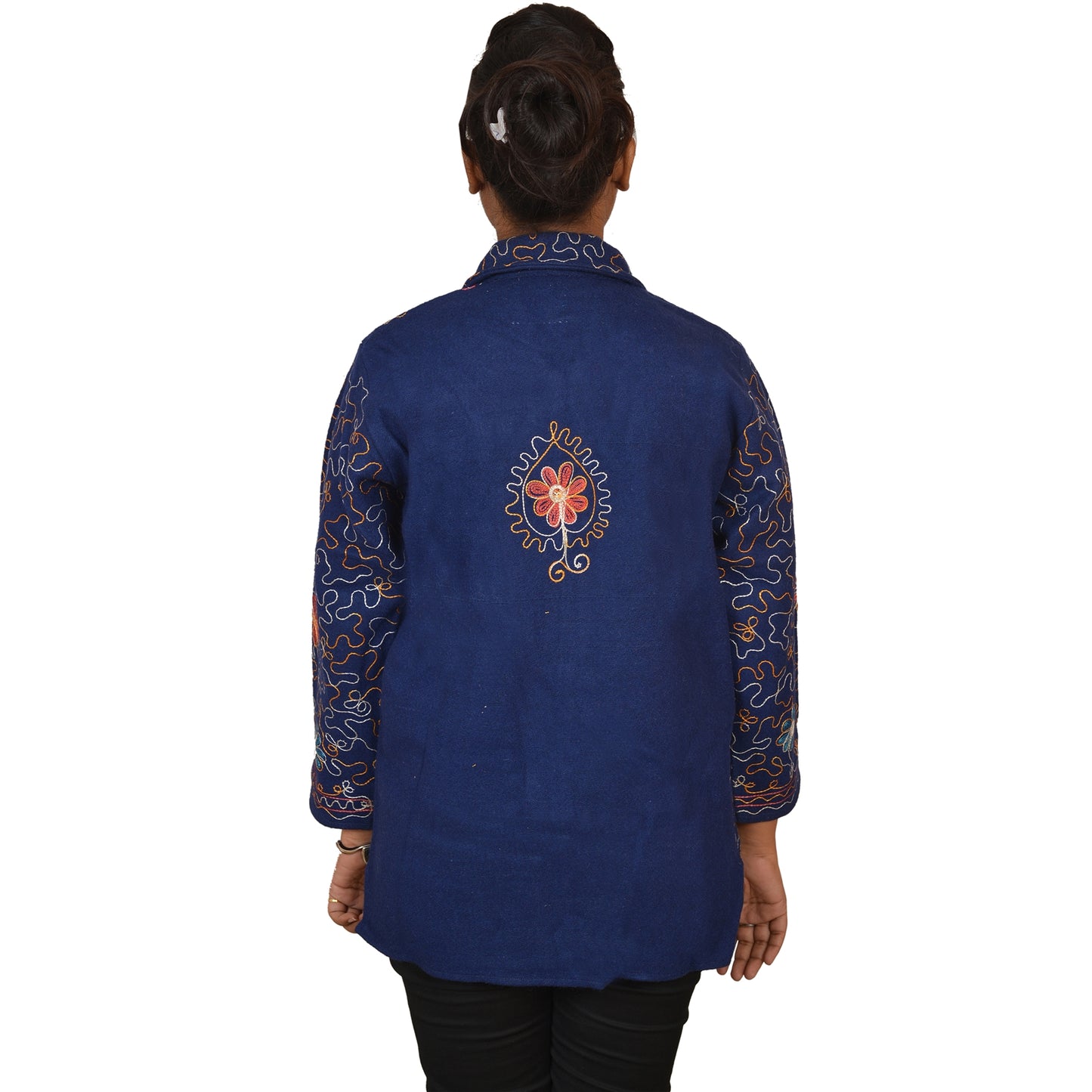 Sanskriti Vintage Arizama Hand Embroidered Woolen Top Jacket Fashion Blue Mirror