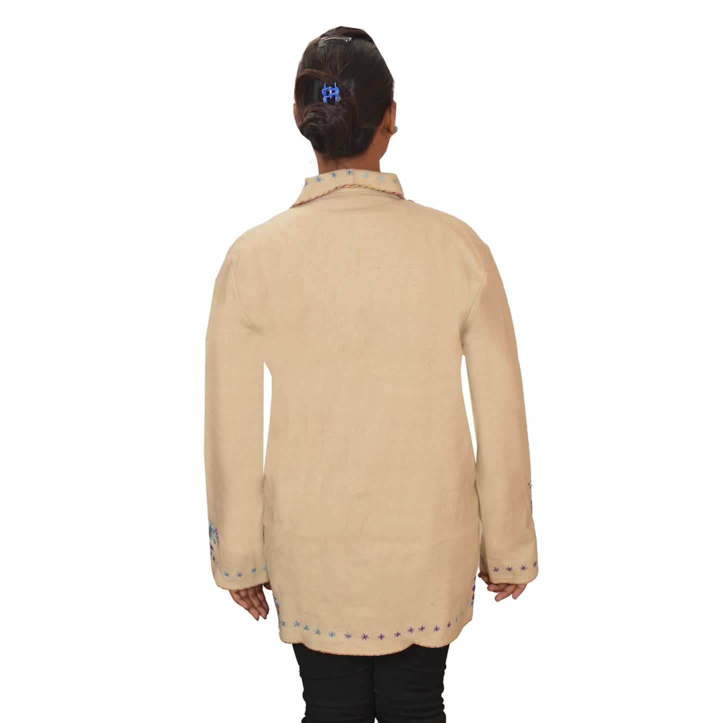 Sanskriti Vintage Sustainable Fabric Woolen Hand Embroidered Short Top Jacket Cream