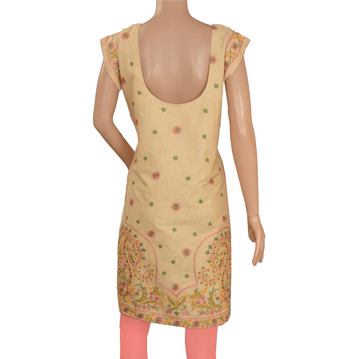 Sanskriti Vintage Sustainable Fabric Pure Silk Embroidered Long Top Kurta Cream Floral