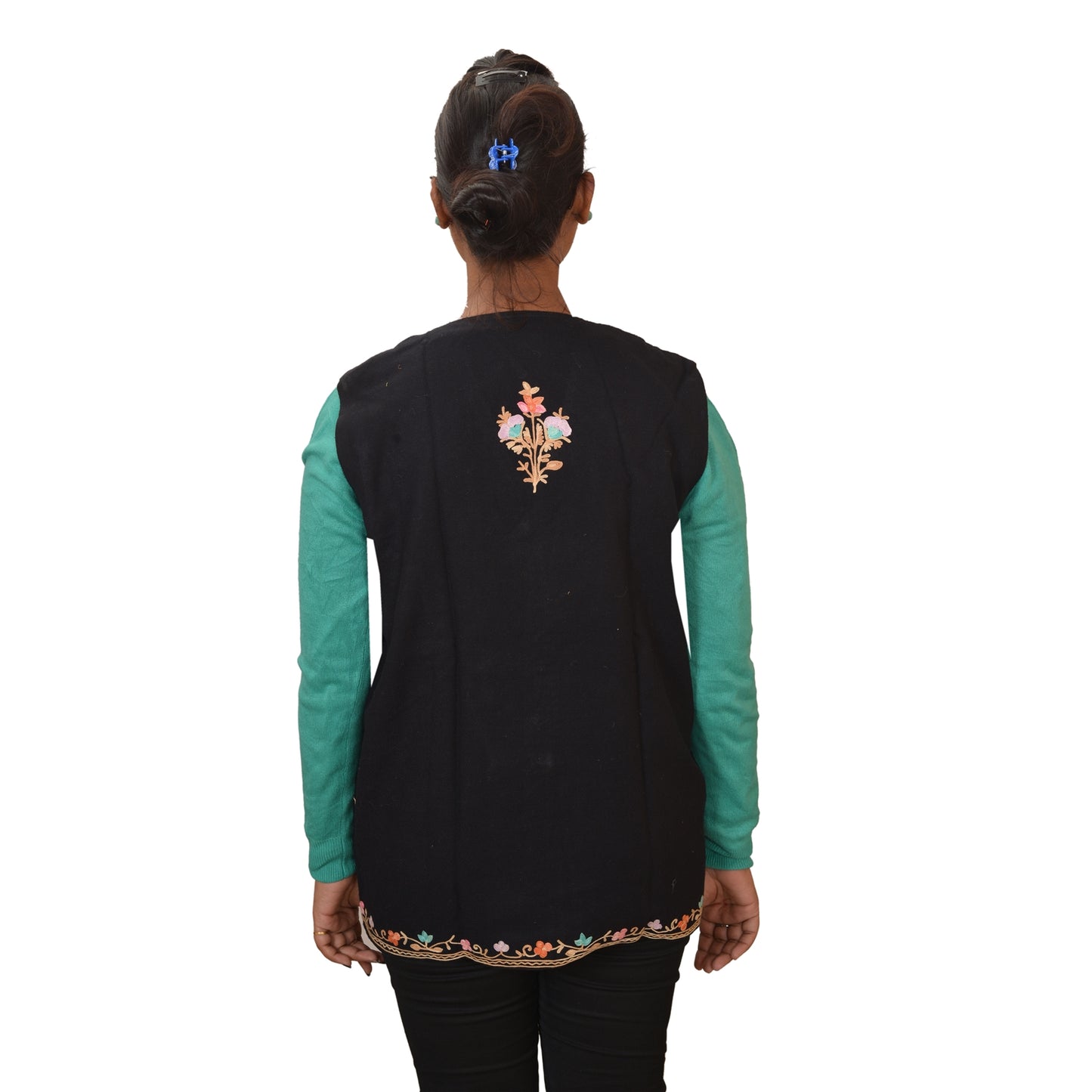 Sanskriti Vintage Sustainable Fabric Woolen Hand Embroidered Arizama Short Top Jacket Black
