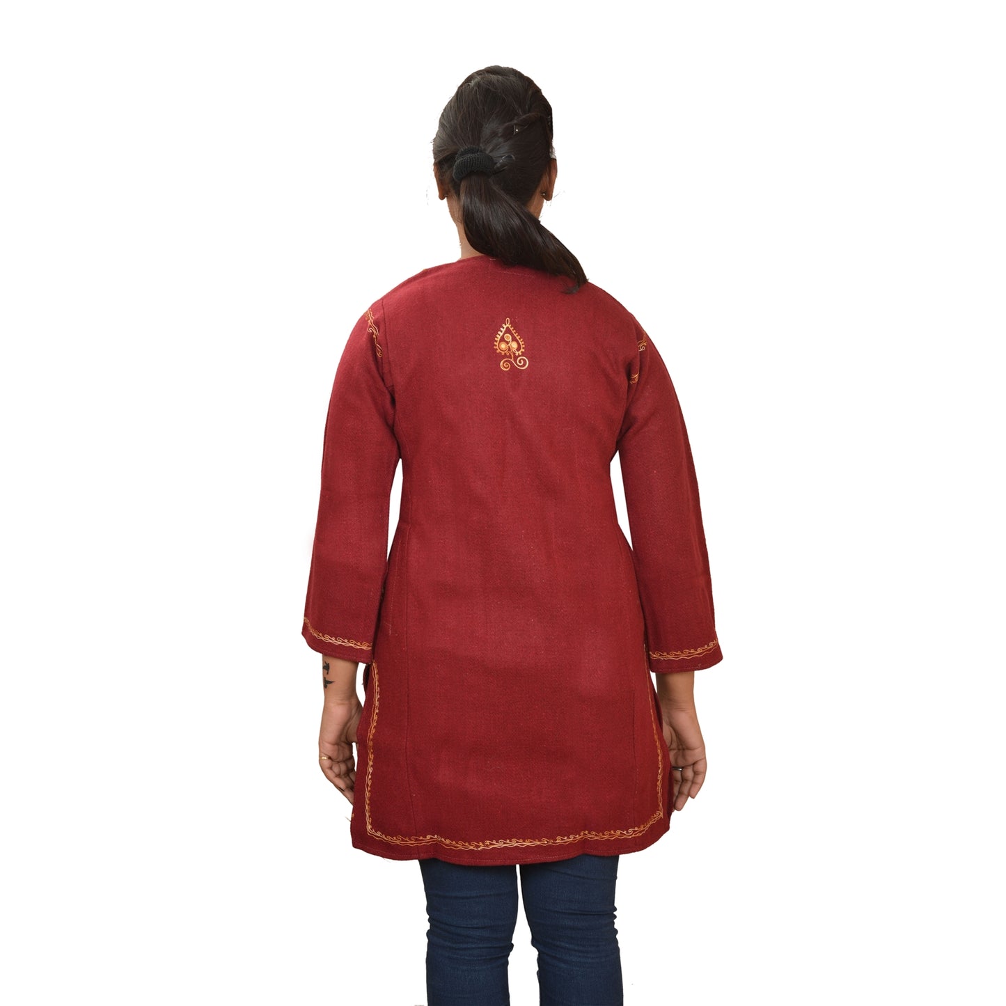 Sanskriti Vintage Sustainable Fabric Woolen Hand Embroidered Arizama Long Top Jacket Maroon