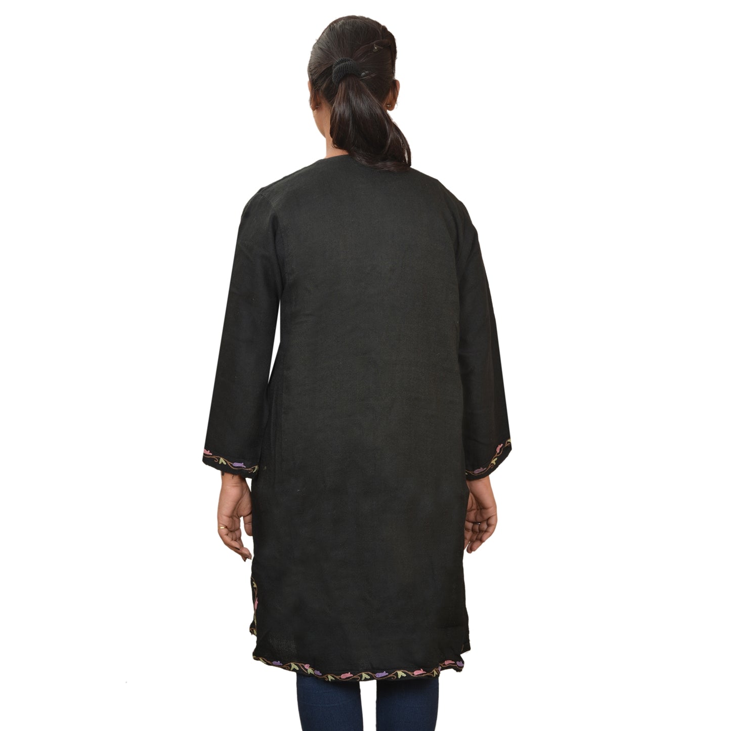 Sanskriti Vintage Sustainable Fabric Woolen Hand Embroidered Arizama Long Top Jacket Black
