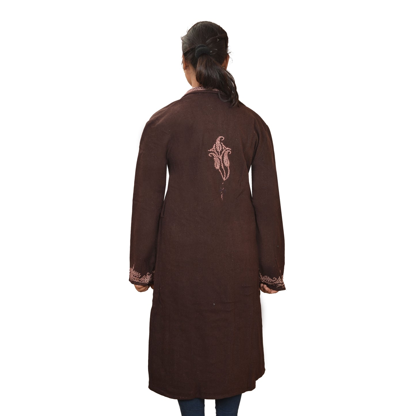 Санскрити Винтаж Экологичная Ткань Шерстяная Ручная Вышивка Кашмира Длинный Топ Открытый Стиль Куртка Коричневый