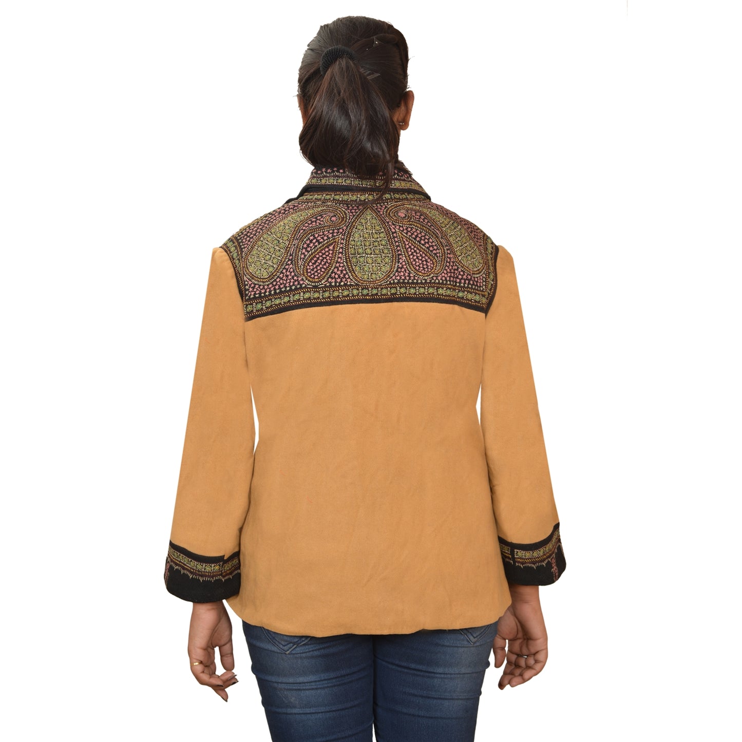 Sanskriti Vintage Sustainable Fabric Woolen Hand Embroidered Sozni Short Top Jacket Brown