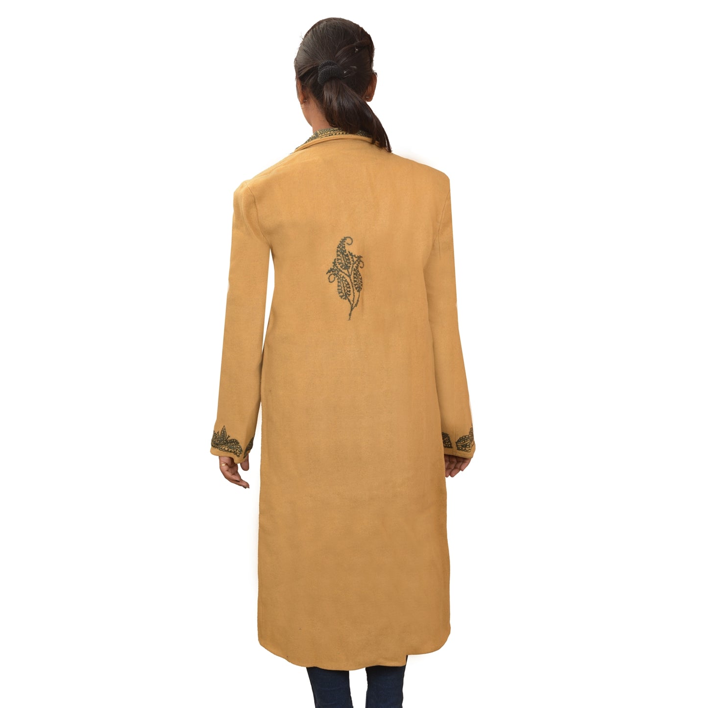 Sanskriti Vintage Sustainable Fabric Woolen Hand Embroidered Kashmiri Long Top Open Style Jacket Brown