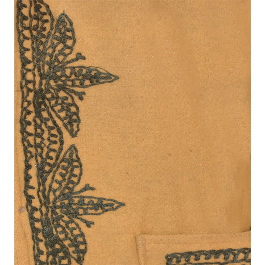 Sanskriti Vintage Sustainable Fabric Woolen Hand Embroidered Kashmiri Long Top Open Style Jacket Brown