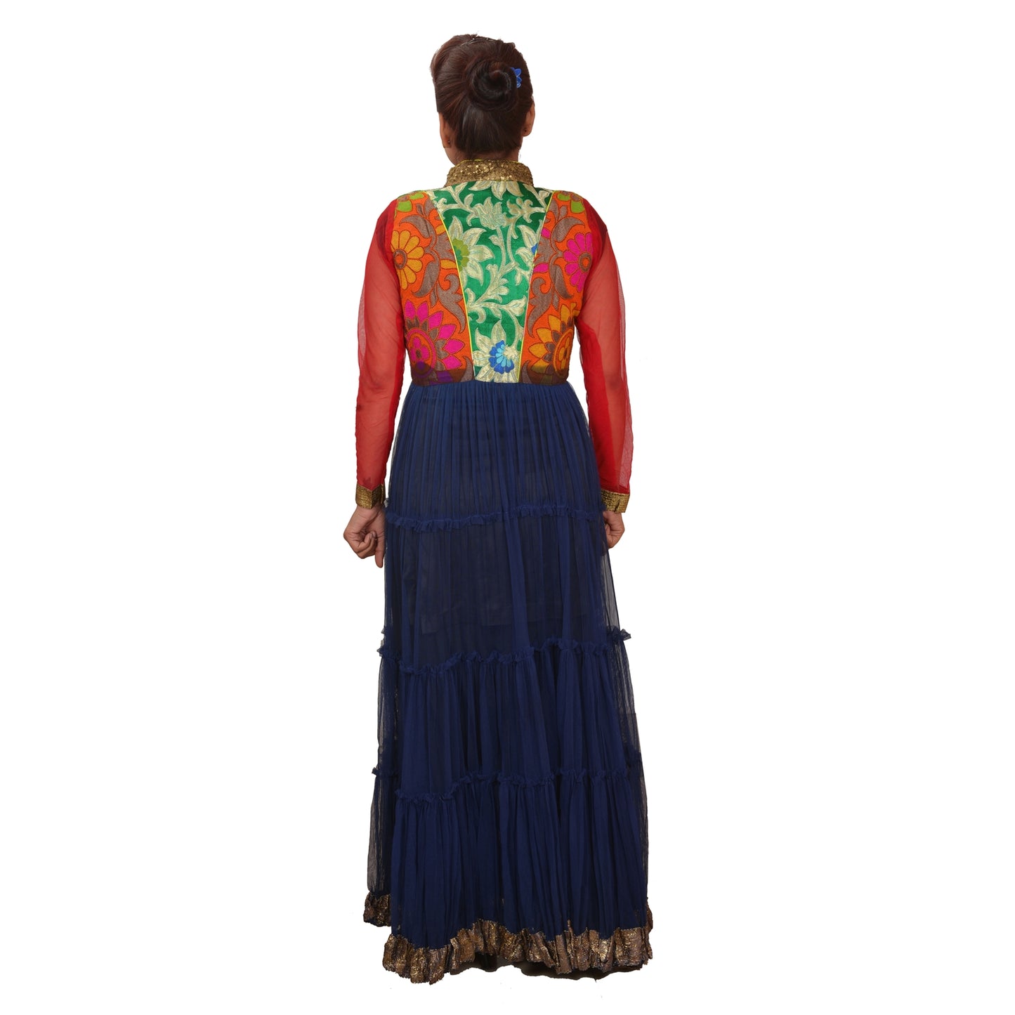 Sanskriti Vintage Bæredygtigt Stof Net Håndperlet Lang Top Kurti Mode Indisk Blå Blomsterprint