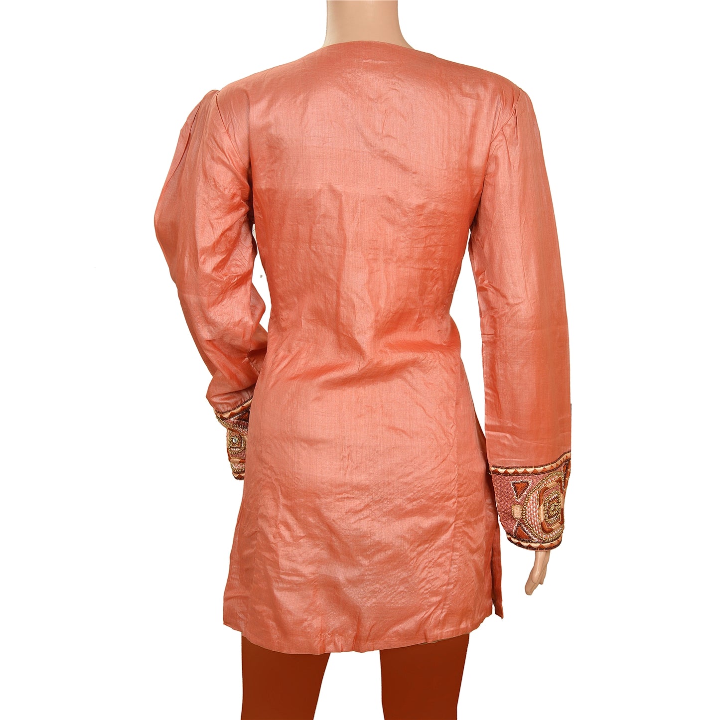 Sanskriti Vintage Sustainable Fabric Pure Silk Hand Beaded Long Top Kurta Peach Rhinestones