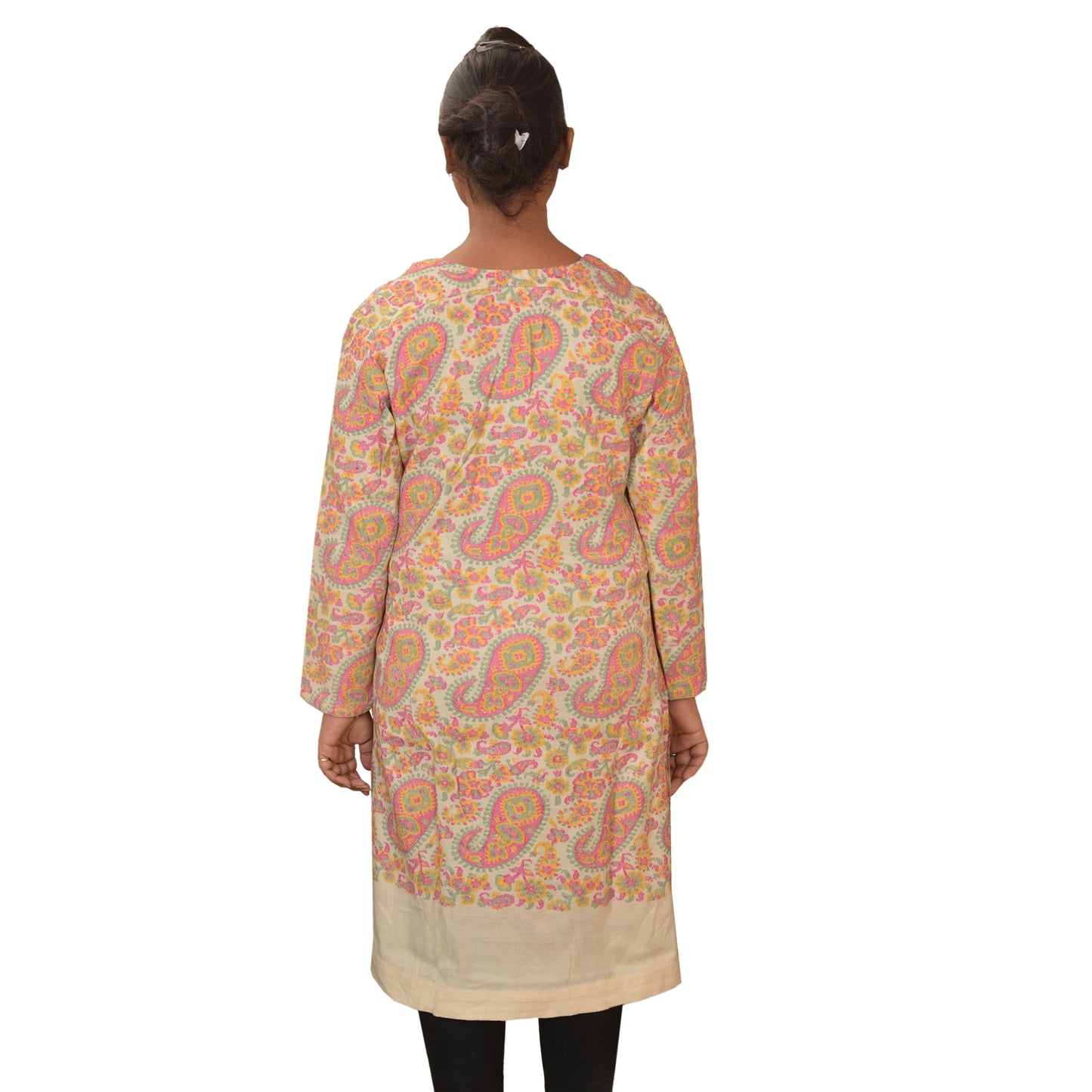 Sanskriti Vinatage SANSKRITI NEW Sustainable Fabric WOVEN TOP KURTA FASHION THREAD WORK INDIAN PAISLEY CREAM