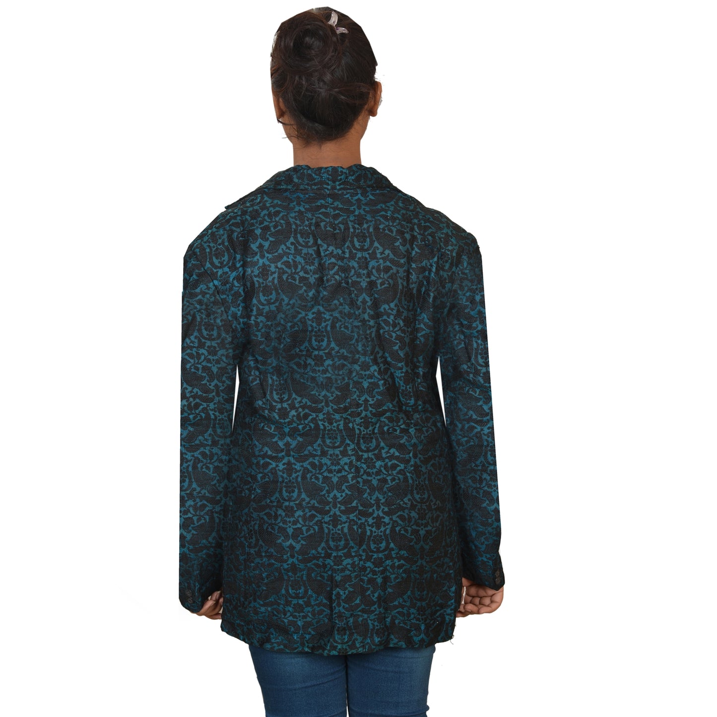 Sanskriti Vintage Sustainable Fabric Silk Blend Embroidered Short Top Jacket Blue Paisley