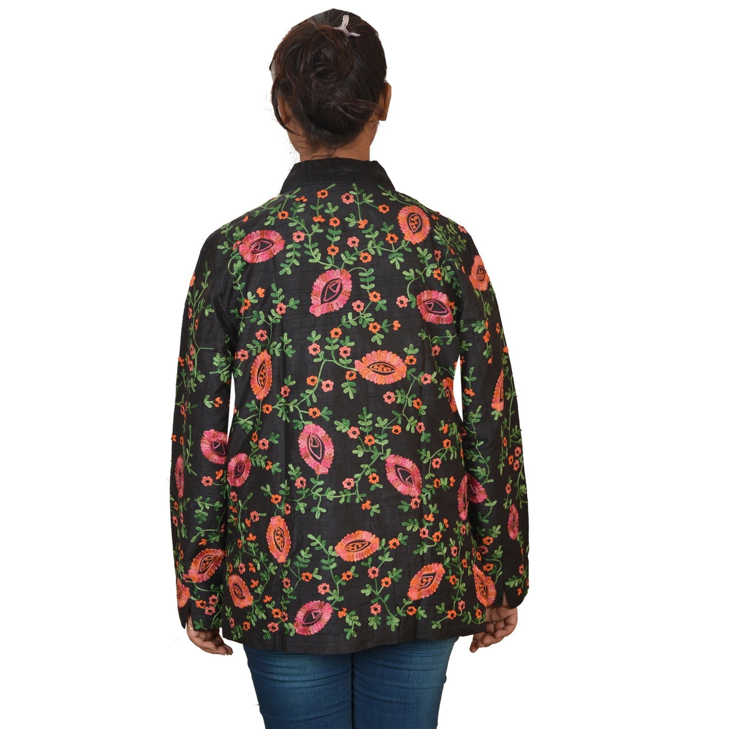 Sanskriti Vintage Sustainable Fabric Blend Silk Embroidered Short Top Jacket Black Floral