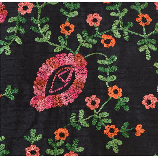 Sanskriti Vintage Sustainable Fabric Blend Silk Embroidered Short Top Jacket Black Floral