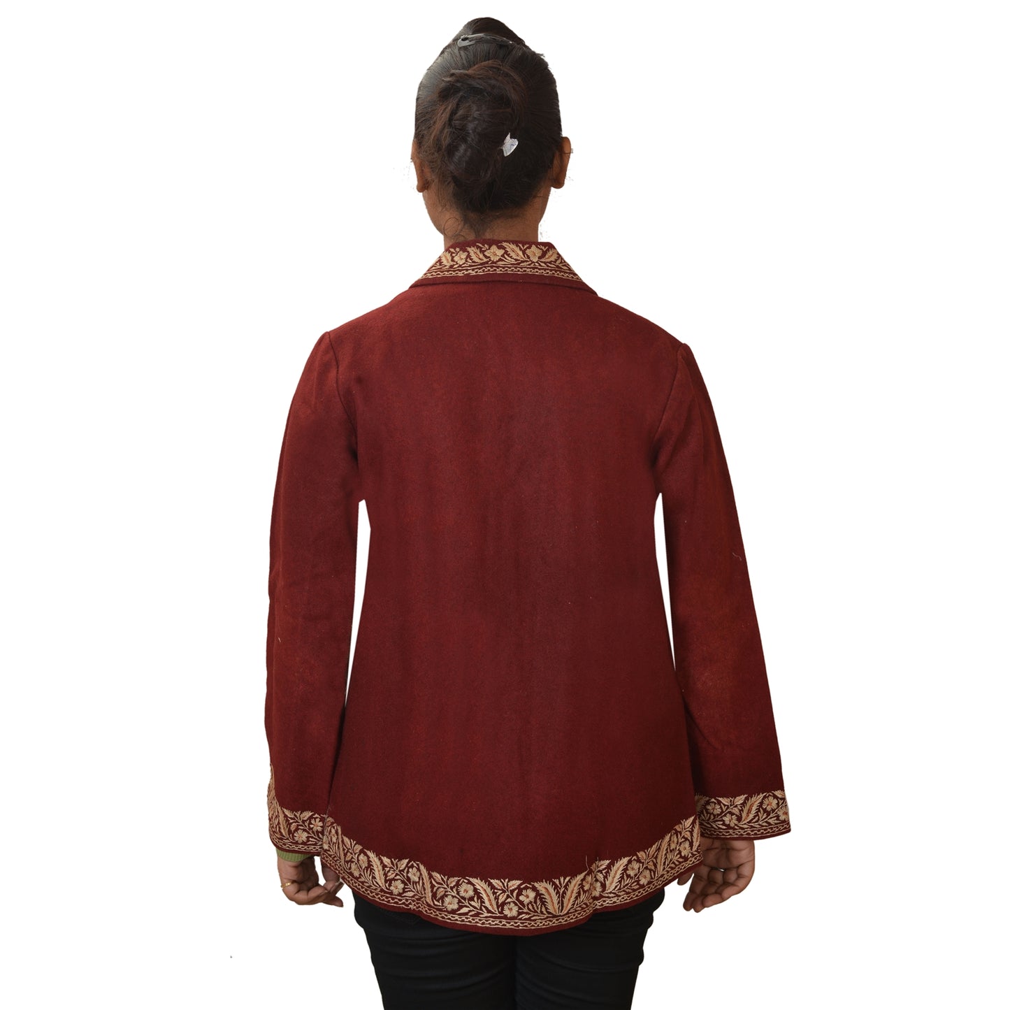 Sanskriti Vintage Sustainable Fabric Woolen Hand Embroidered Short Top Jacket Maroon