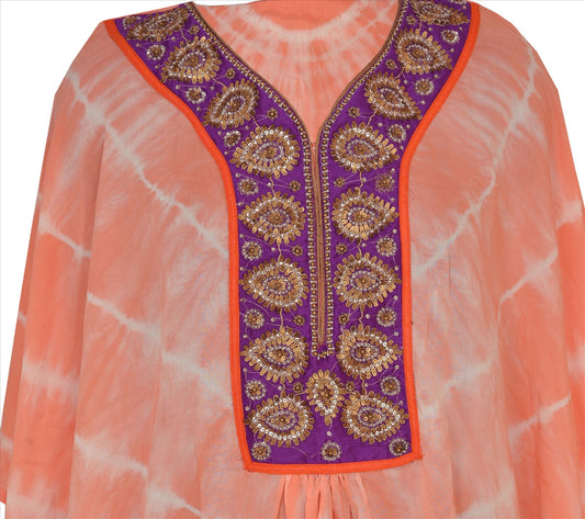 Sanskriti Vintage New Sustainable Fabric Cotton Hand Beaded Tie N Dye Poncho Kaftan Top Fashion Indian