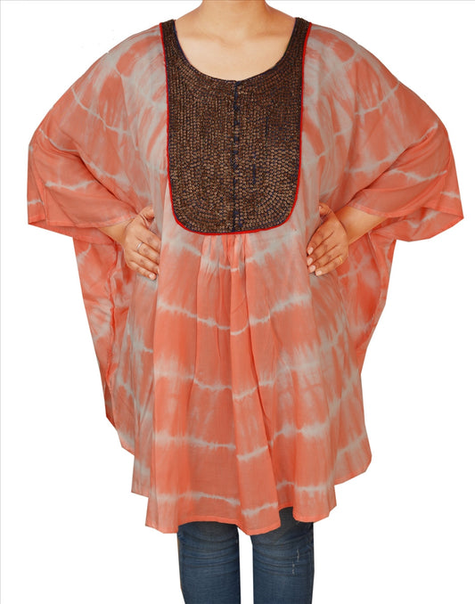 Sanskriti New Poncho Caftan Kaftan Tie N Dye Top Shirt Peach Sequins Patch