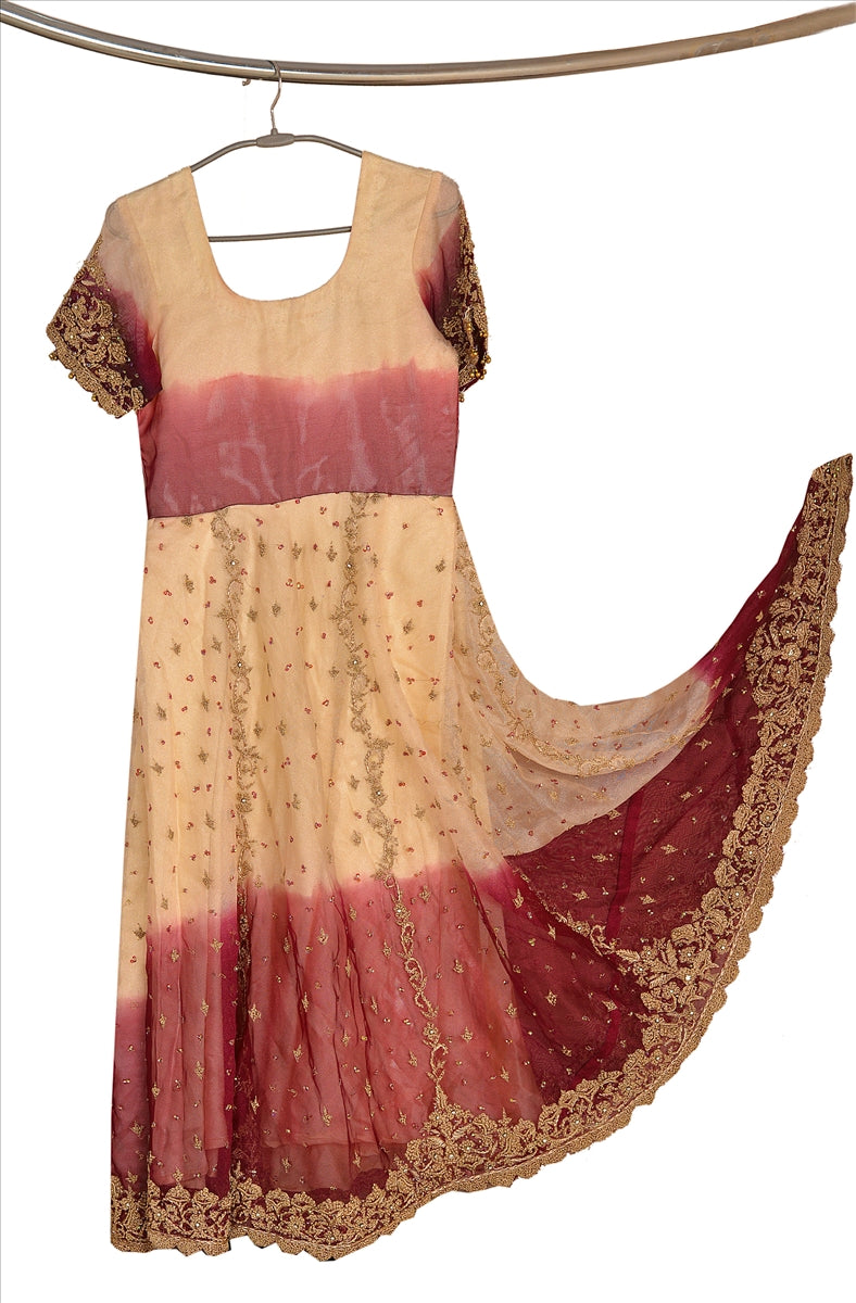 Sanskriti Vintage Sustainable Fabric Net Hand Beaded Long Kurta Top Fashion Indian Beige