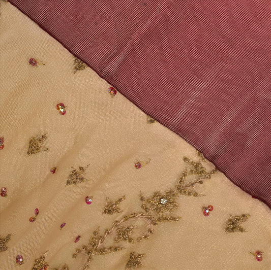 Sanskriti Vintage Sustainable Fabric Net Hand Beaded Long Kurta Top Fashion Indian Beige