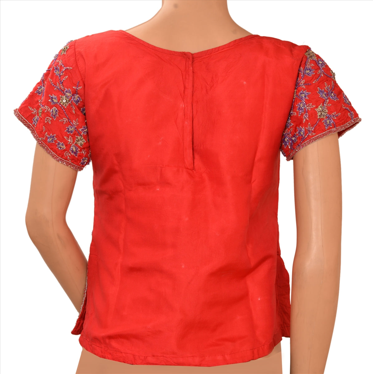 Sanskriti vintage Sustainable Fabric pure silk hand beaded top fashion red glass bead
