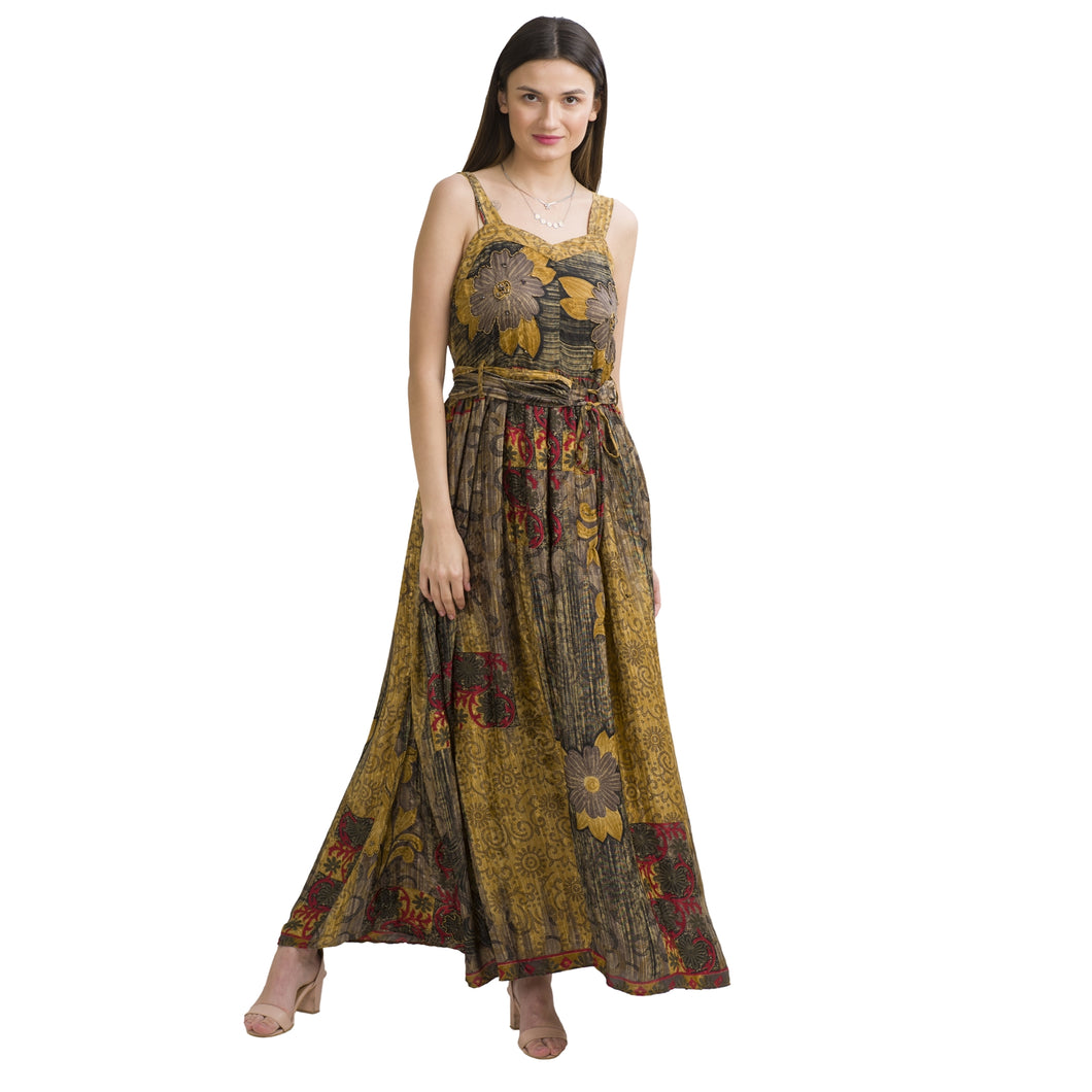 Sanskriti Vintage Sweetheart Maxi Dress, Pure Crepe Silk Upcycled Sari, L-XL Size