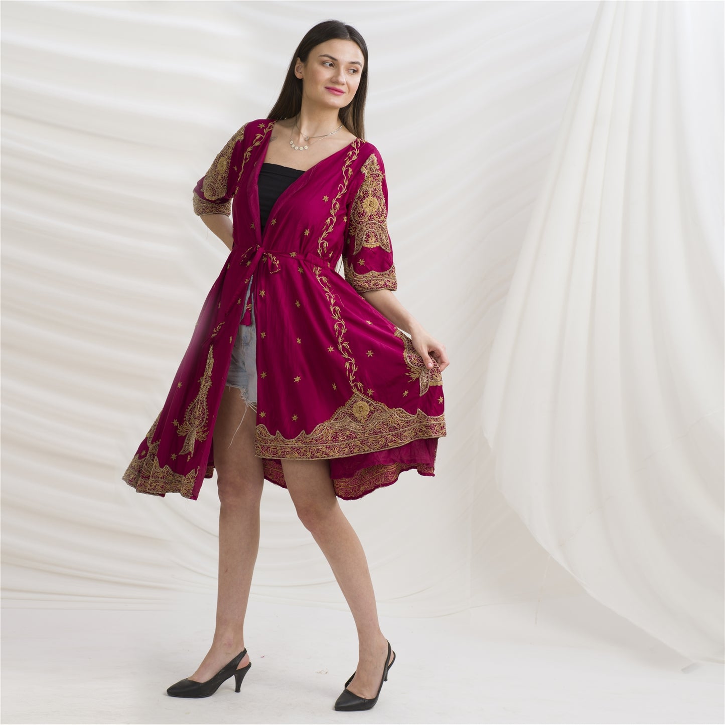 Sanskriti Vintage Long Flared Jacket Pure Silk Zardozi, Upcycled Free Size