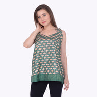 Sanskriti Vintage Green Sleeveless Top Ikat Print Art Silk Casual Wear Upcycled Saree Clothing Sustainable Fashion