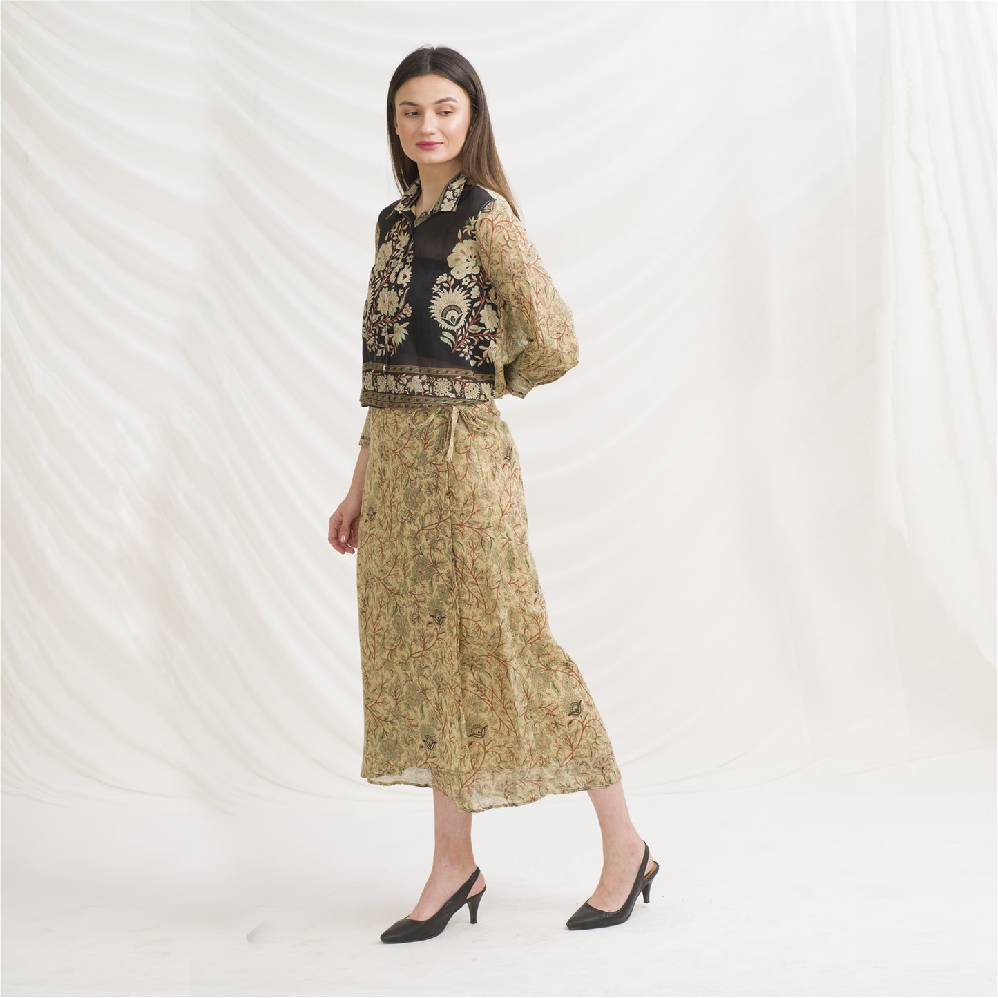 Sanskriti Vintage Koordinatsæt, Ren Crepe Silke Upcycled Sari, Fri Størrelse