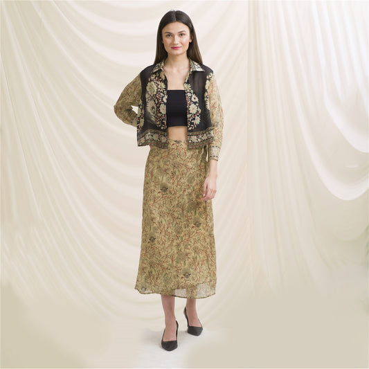 Sanskriti Vintage Coord Set, Pure Crepe Silk Upcycled Sari, Free Size