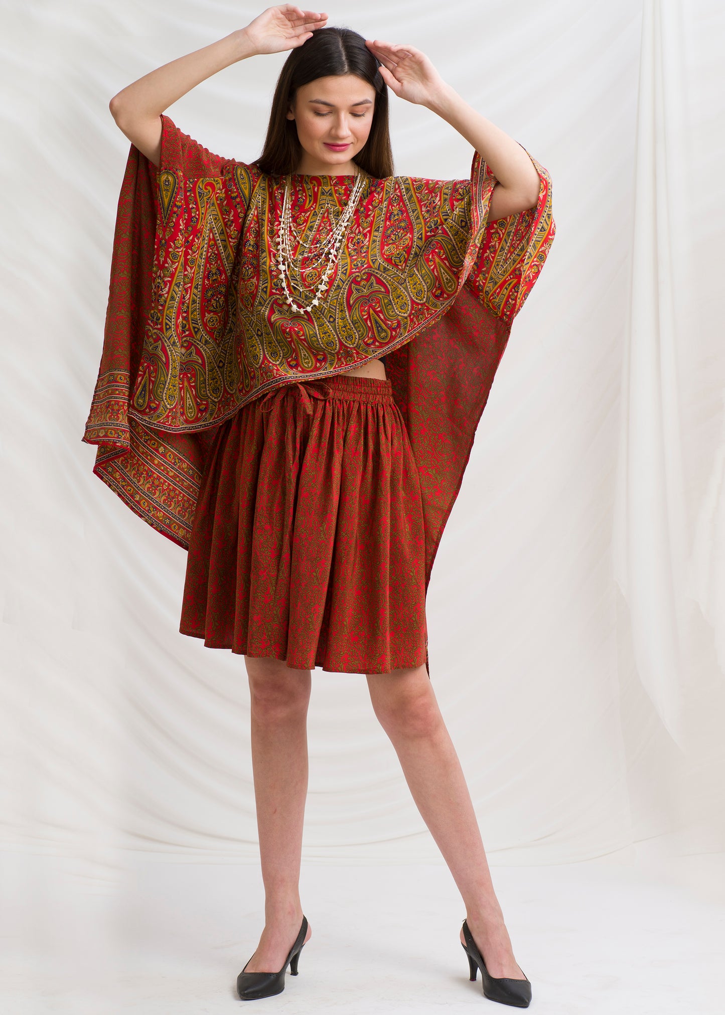 Sanskriti Vintage Koordinatsæt, Ren Crepe Silke Upcycled Sari, Lille Størrelse