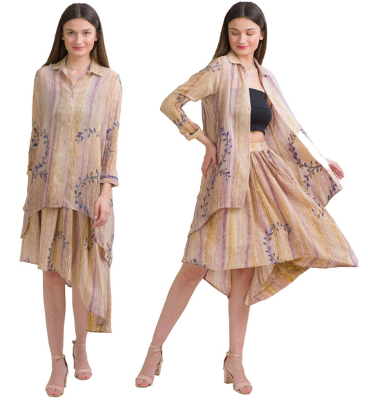 Sanskriti Vintage High Low Coord Set, Pure Crepe Silk Upcycled Sari, Small Size