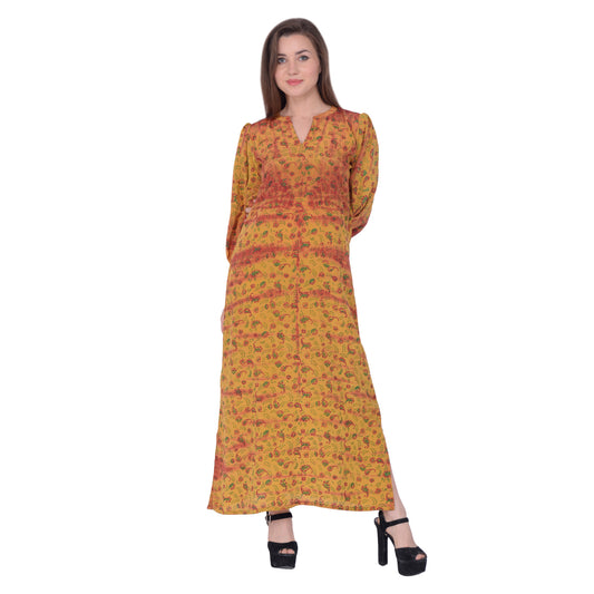 Sanskriti Vintage Balloon Sleeve Maxi Dress Mustard Pure Crepe Silk Printed Casual Beach Wear Upcycled Sari Clothing Sustainable Fashion