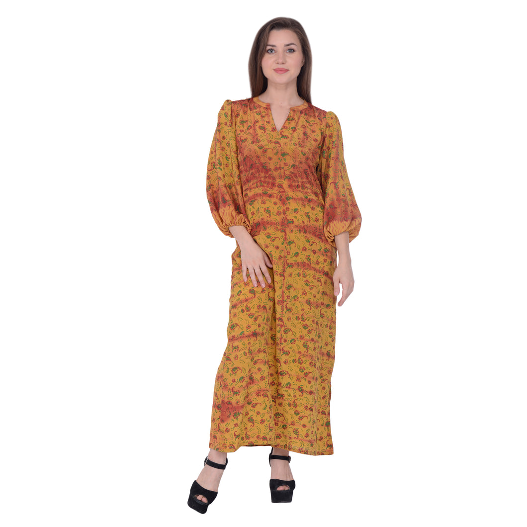Sanskriti Vintage Balloon Sleeve Maxi Dress Mustard Pure Crepe Silk Printed Casual Beach Wear Upcycled Sari Clothing Sustainable Fashion