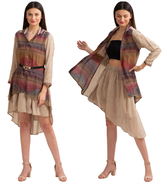 Sanskriti Vintage High Low Coord Set, Pure Crepe Silk Upcycled Sari, Small Size